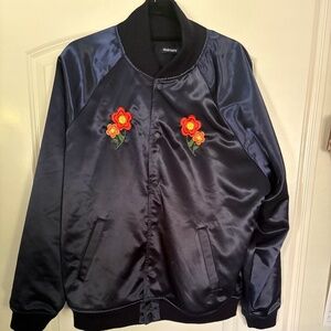 MADHAPPY Embroidered Satin Jacket in Navy Blue